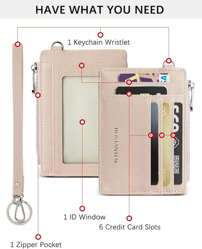 Vista 2 de BOSTANTEN Cartera pequeña para mujer RFID de piel con bolsillo con cremallera, Rosado, Llavero incluido