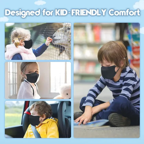 Vista 7 de WWDOLL Mascarilla KN95 para niños, paquete de 50 unidades, mascarillas KN95 transpirables de 5 capas para niños, color negro