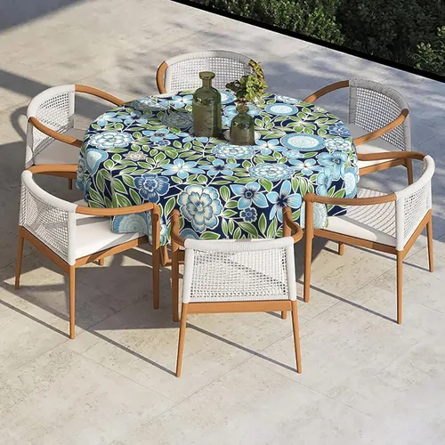 Vista 5 de Outdoor/Indoor Round Tablecloth with Umbrella Hole Zipper, Decorative Circular Table Cover for Home Garden, 60 Inch, Azure Bloom
