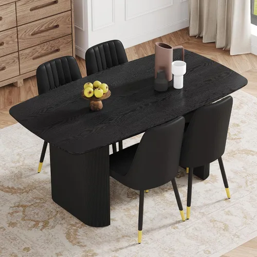 Vista 2 de Juego de mesa de comedor moderno para 4, juego de mesa de comedor negro de 67 pulgadas con mesa ovalada de madera de 3.5 pulgadas de grosor y base