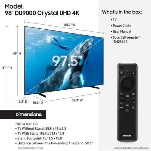 Vista 2 de Samsung - Smart TV 4K Crystal UHD de 98 pulgadas de la serie DU9000, HDR, Object Tracking Sound Lite, Motion Xcelerator 120Hz, Supersize Picture