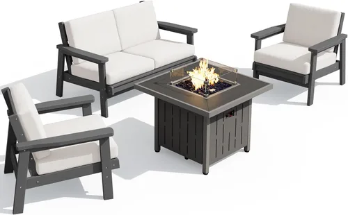 Vista 73 de SERWALL Sofá biplaza para patio al aire libre de HDPE, para todo tipo de clima, muebles de exterior de HDPE, marco negro y cojín gris