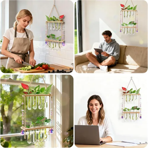 Vista 6 de Estaciones de propagación colgantes con atrapasoles de cristal, macetas de pared de vidrio para plantas de interior, hidroponía, soporte de madera