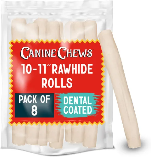Vista 10 de Canine Chews Huesos de cuero crudo de 10 a 11 pulgadas para perros grandes, masticables duraderos de cuero crudo para perros, rollos de retriever