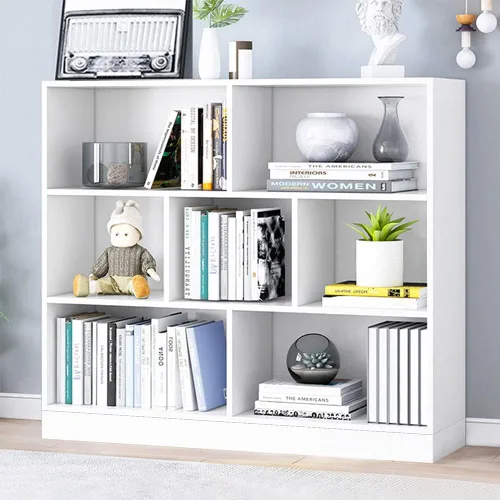 Vista 24 de IOTXY - Estantería de madera con espacios abiertos, 3 niveles, con patas, 10 cubos, color blanco cálido