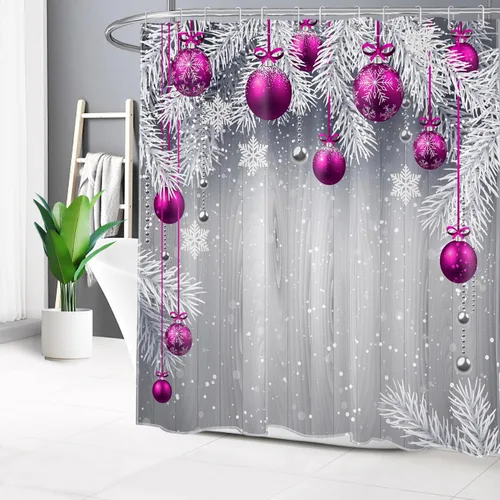 Vista 15 de HVEST Christmas Ball Shower Curtain, Blue Christmas Ball with Silver Pine Tree on Grey Board Bathroom Shower Curtain with Hooks, Snow Snowflake