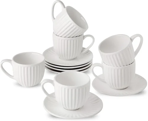 Hasense Tazas y platillos de cerámica para capuchino, 8 onzas, juego de 6 tazas grandes acanaladas para café, té, café con leche y macchiato, juego