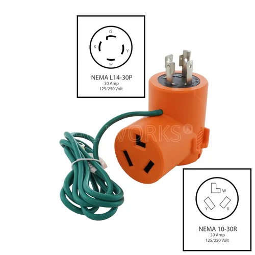 Vista 2 de AC WORKS [ADL14301030] Enchufe del generador de 4 clavijas L14-30P 30A a salida de secadora de 3 clavijas 10-30R