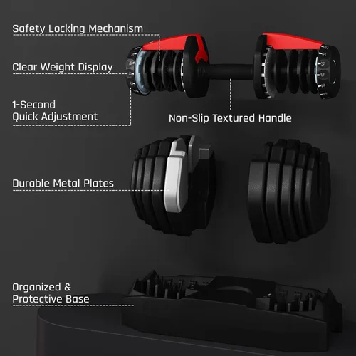 Vista 7 de Yaheetech Juego de mancuernas ajustables de 28/40/52.5/90 libras, mancuernas ajustables de ajuste rápido, juego de pesas con mango antideslizante