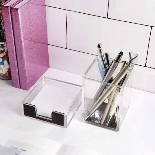 Vista 2 de Soporte de notas adhesivas de acrílico, organizador de escritorio, decoración para notas adhesivas de 3x3 (negro)