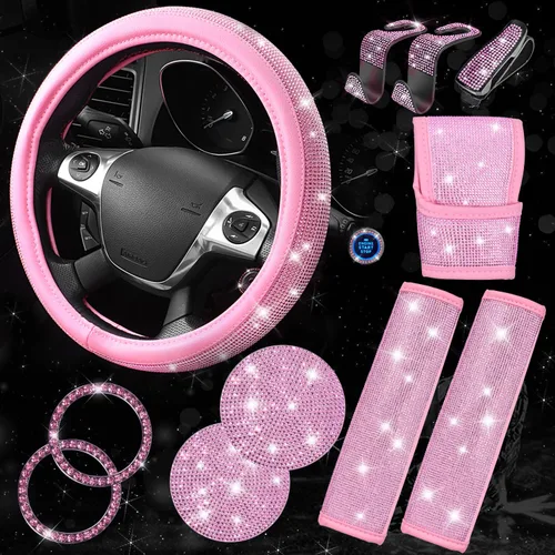 Vista 20 de CAR PASS Juego de fundas de asiento de coche con diamantes brillantes de 11 piezas, accesorios de coche con diamantes brillantes para mujer, funda