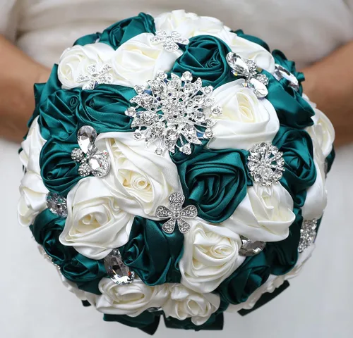 Vista 17 de Sharebeauty Ramo de novia de satén hecho a mano de 7.9 pulgadas, ramo de boda, ramo de flores artificiales