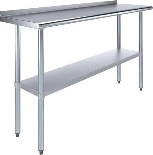 Vista 15 de AmGood Mesa de trabajo de acero inoxidable con protector contra salpicaduras de 1.5 pulgadas Mesa de preparación de alimentos de cocina de metal