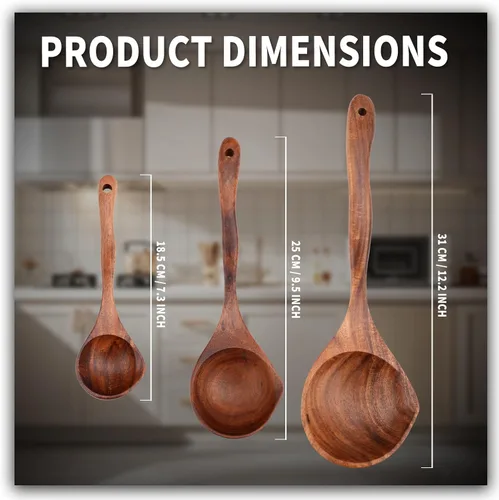 Vista 3 de Juego de cucharas de madera, 3 tamaños de cuchara de sopa grande de teca, cucharas de madera para cocinar, cuchara de servir, cucharas de madera