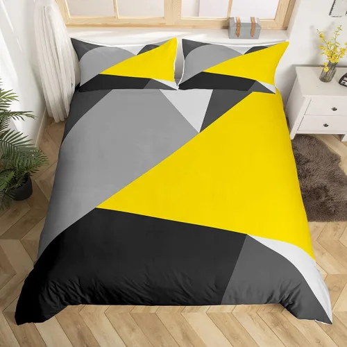 Vista 9 de Juego de ropa de cama con diseño de rayas geométricas de retazos, color naranja, gris y negro, funda de edredón a rayas blancas y gris claro