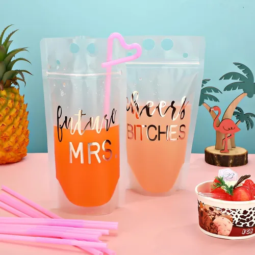 Vista 2 de Patelai 16 vasos para bebidas de despedida de soltera con pajilla, bolsas desechables de jugo de 17 onzas, vasos desechables para bodas y despedidas