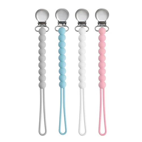 Vista 6 de Silicone Pacifier Clip for Baby Girls, Paci Binky Holder 2 Pack R-Rosa y Beige