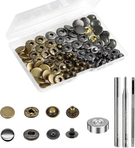 Vista 16 de BetterJonny Juego de 24 cierres de cuero resistente, botones a presión de metal de 0.59 pulgadas, remaches de cuero, con 4 herramientas de ajuste