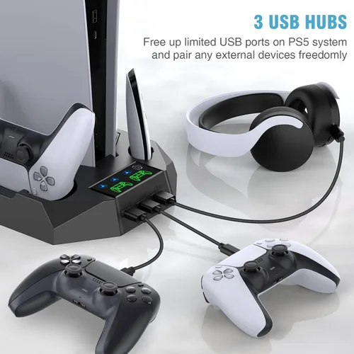 Vista 5 de PS5 PS5 Slim Stand and Cooling Station with Dual Controller Charging Station for PlayStation 5 Console, PS5 Accessories Incl. Controller Charger