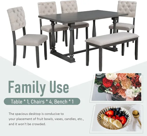 Vista 3 de LCH Juego de comedor de cocina de 6 piezas para 6, mesa rectangular de madera estilo granja y 4 sillas, 1 banco con cojín acolchado para la familia