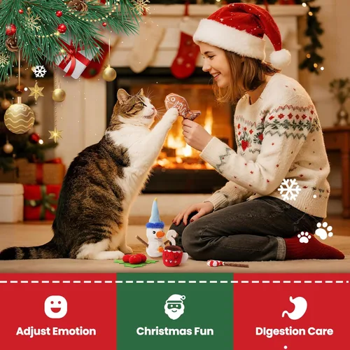 Vista 5 de Juguetes navideños para gatos – 5 juguetes de hierba gatera para gatos con temática navideña, juguete masticable con palos de vid plateada