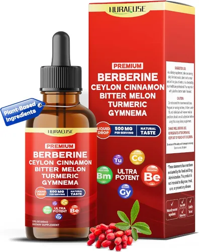 Berberina orgánica, canela de Ceilán, melón amargo, cúrcuma, Gymnema gotas líquidas – 1500 mg por porción, ultra potente – 2 onzas líquidas (2.0 fl