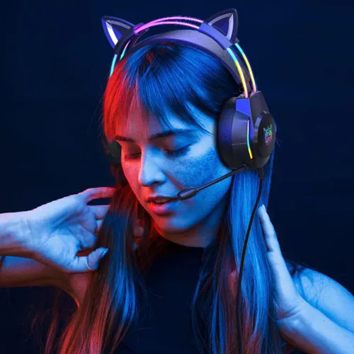 Vista 8 de Auriculares para juegos con micrófono, auriculares con orejas de gato para PC, portátil, PS4, PS5, Xbox, interruptor, iluminación RGB arcoíris