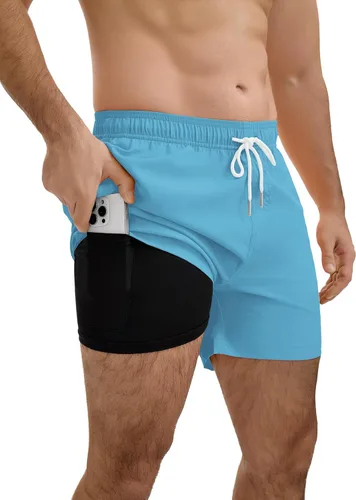 Vista 20 de YnimioAOX Traje de baño para hombre de 5 pulgadas con forro de compresión 2 en 1 de secado rápido, trajes de baño con bolsillos