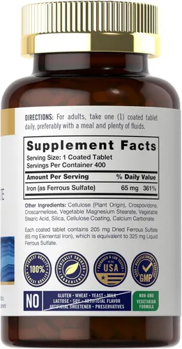 Vista 2 de Carlyle Sulfato ferroso de hierro 325 mg, 65 mg 400 tabletas Sin OMG, sin gluten y suplemento vegetariano Alta potencia