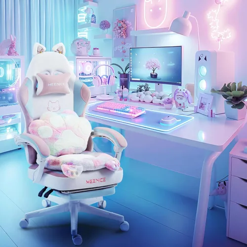 Vista 12 de Silla Gaming Rosa Linda con Orejas de Gato, Soporte Lumbar con Forma de Pata y Cojín, Silla Ergonómica para Computadora con Reposapiés, Silla Blanco