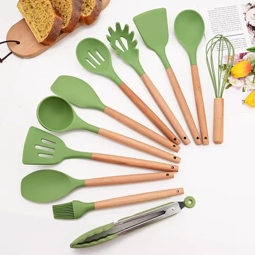 Vista 6 de 1 utensilio de cocina de silicona verde aguacate resistente al calor, mango de madera, espátulas de cocina antiadherentes para pescado, huevos