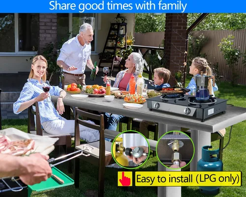 Vista 9 de Horynar Estufa de propano de 2 quemadores, estufa de gas de encendido automático, 26000 BTU de vidrio templado, quemador de propano GLP con manguera