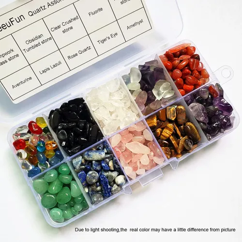 Vista 2 de SeeuFun Surtido de Mini Chips de Piedra de Cristal Pulidos, Fluorita, Ojo de Tigre, Cuarzo Rosa, Amatista (1/2 Libra)