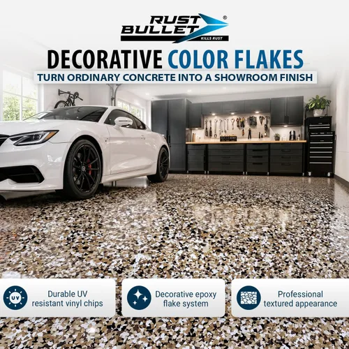 Vista 3 de RUST BULLET Copos de color decorativos – marrón otoñal – Personaliza pisos de concreto con 1 libra de chips de vinilo duraderos y resistentes a