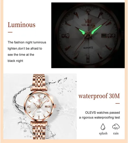 Vista 6 de OLEVS Reloj de mujer con diamantes de lujo, reloj de pulsera de oro rosa, de acero inoxidable, luminoso, impermeable, con fecha