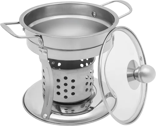 Vista 5 de Paquete de 4 platos redondos para bufé, mini olla caliente Shabu de acero inoxidable con tapa, mini caldera caliente de 7 pulgadas con soporte