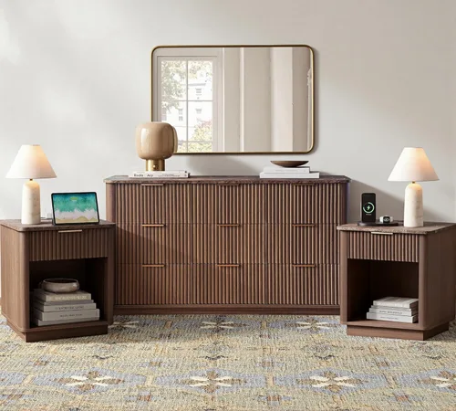 Vista 11 de win2win Juego de 2 cómodas y mesitas de noche acanaladas de 6 cajones y mesitas de noche modernas de mediados de siglo, cómoda de madera para Roble