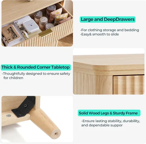 Vista 5 de LINSY Cómoda Acanalada para Dormitorio con 8 Cajones, Cajonera Moderna de Mediados de Siglo con Manijas de Metal Dorado, Cómodas Anchas de Madera
