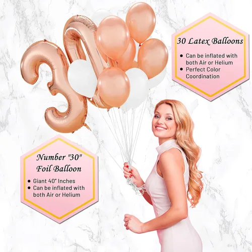 Vista 4 de Decoraciones de cumpleaños número 30 para mujer con banda de cumpleaños número 30 y tiara de diamantes de imitación Globos de cumpleaños 30, 2