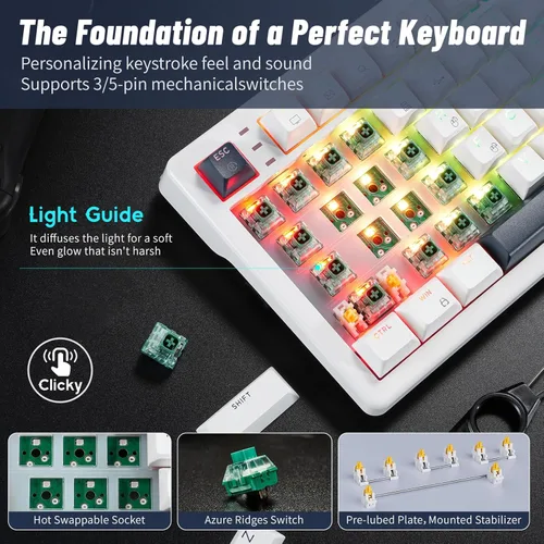 Vista 4 de Teclado mecánico inalámbrico con reposamuñecas, teclado personalizado intercambiable en caliente con perilla, retroiluminación RGB, interruptores