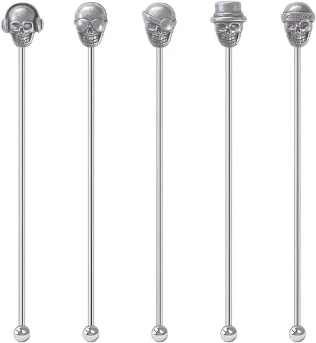 Palitos Swizzle con forma de calavera, reutilizables, de acero inoxidable, agitadores de bebidas para café, cóctel, paquete de 5 palitos para