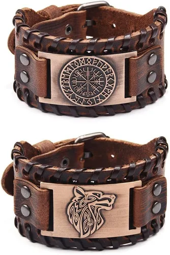 TURTLEDOVE Pulseras vikingas de 2 piezas - Lobo vikingo Fenrir - Amuleto escandinavo de Vegvisir nórdico