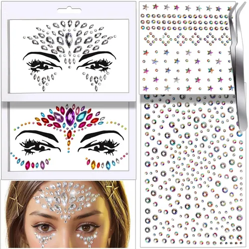 Vista 10 de Teenitor Gemas faciales para maquillaje, joyas autoadhesivas para festivales, gemas para el cabello, 4 hojas de calcomanías de diamantes