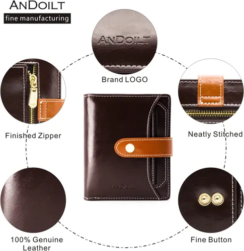 Vista 5 de ANDOILT Billeteras para mujer, de piel auténtica, pequeña, plegable, con bloqueo RFID, con bolsillo para monedas, ventana de identificación, Cartera