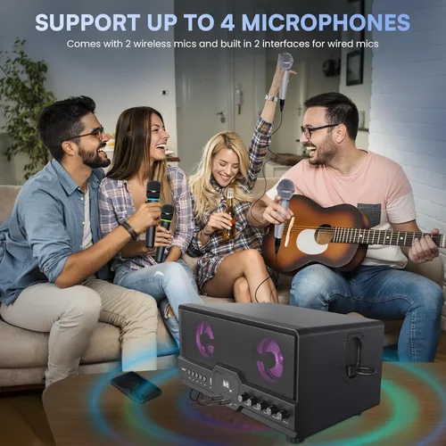 Vista 3 de RHM Máquina de karaoke L268, se conecta a la televisión a través de HDMI y óptica, soporta 4 micrófonos y conexión Bluetooth, con agudos y graves