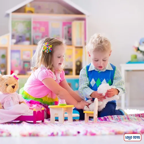 Vista 5 de Juego de muebles de casa de muñecas de madera de primera calidad, 49 piezas, 7 habitaciones, juego de muebles y accesorios para casa de muñecas