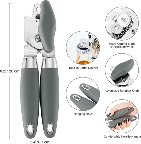 Vista 2 de TJ POP - Abrelatas manual, abrelatas de mano resistente, borde liso, perilla de fácil giro, con abrebotellas, utensilios de cocina, color gris