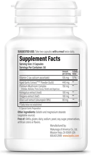 Vista 2 de Kyolic Fórmula 103 de extracto de ajo envejecido, apoyo inmunológico*, 100 cápsulas