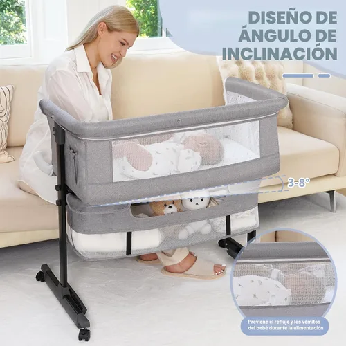 Vista 5 de Semphis Cuna para bebé, cuna 3 en 1, cama de noche de altura ajustable con modo mecedor, malla transpirable, cesta de almacenamiento, ruedas, fácil