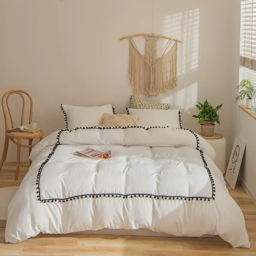 Vista 12 de Juego de funda de edredón de 3 piezas con pompones, color blanco, juego de ropa de cama color negro con flecos de pompones, bohemio, bohemio Pompón